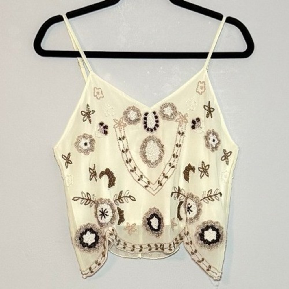 Anthropologie RAGA Watching the Sun Tank Beaded V-Neck Earth Tone Floral R3063